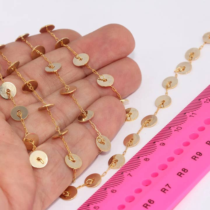 8mm 24k Shiny Gold Coin Disc Bar Chain, CHK541 for wholesale by QueenJewelryM
