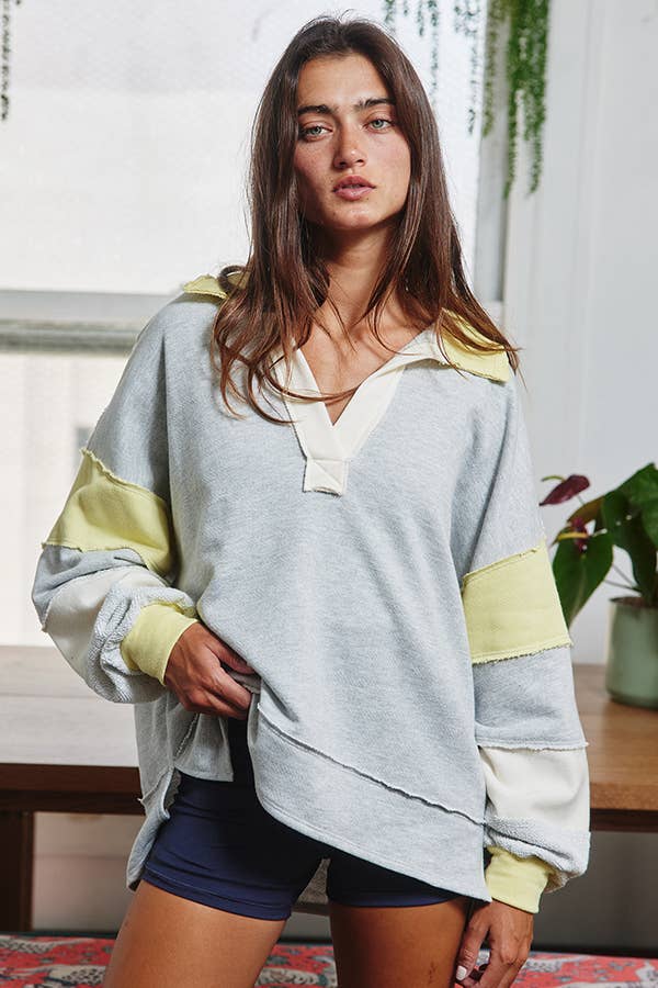 BUCKETLIST INC - Wholesale Tunic - Women's - T2004E French Terry Color-block Collared Loose Fit Top19