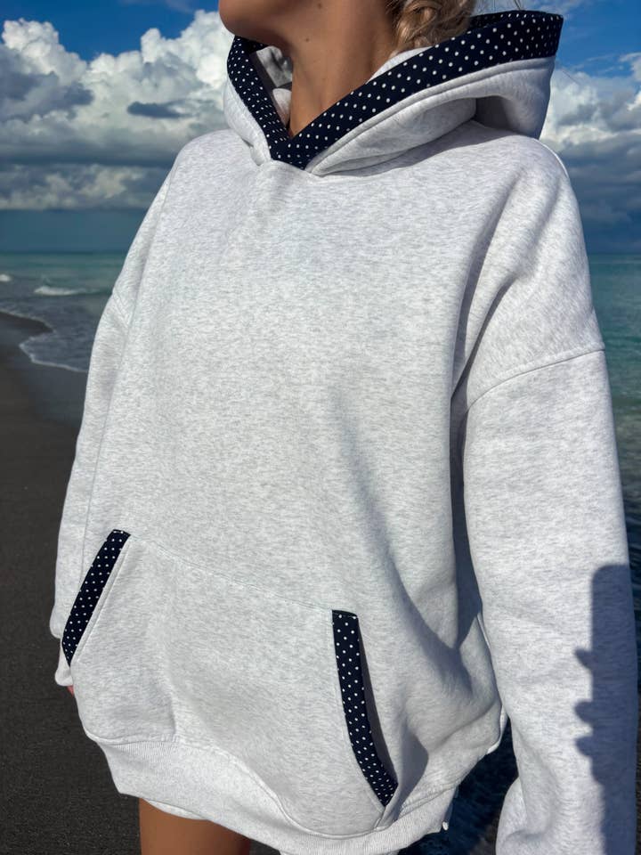 Sunkissed Coconut - Wholesale Hoodie - Women's - Pearl Grey Navy Blue Polka Dot Hoodie4