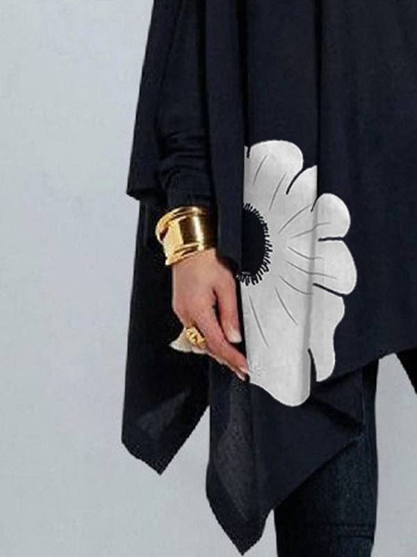 BLACK Long Sleeves Loose Asymmetric Floral Printed Split-Joint High Neck T-Shirts for wholesale on Faire2