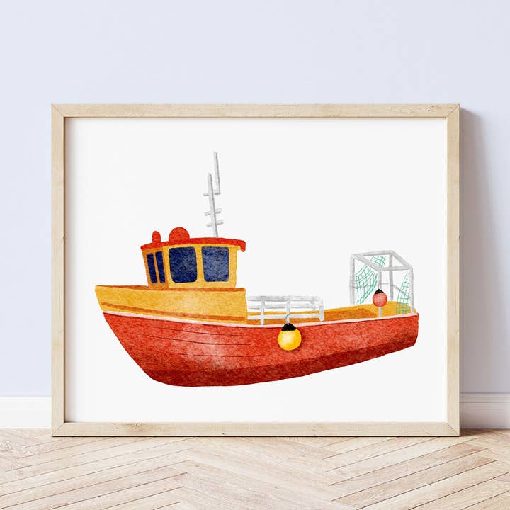 Small Red Cornish Fishing Boat Coastal Art Print for wholesale by Sarah Whittle Illustration