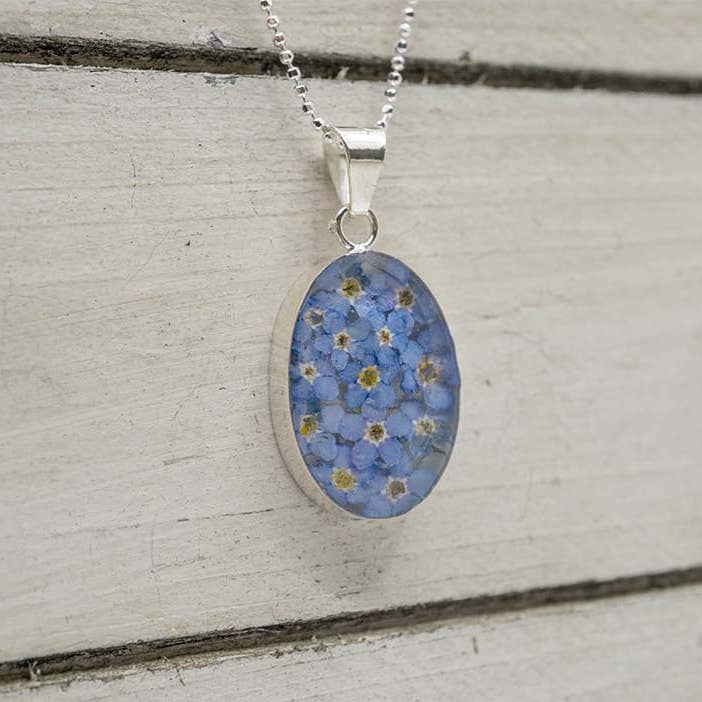 Blue Primavera Forget Me Not Necklace, Medium Oval for wholesale on Faire