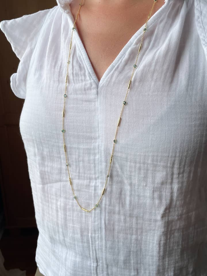 Long green tourmaline necklace with textured tube spacers for wholesale by AJS Design Studio