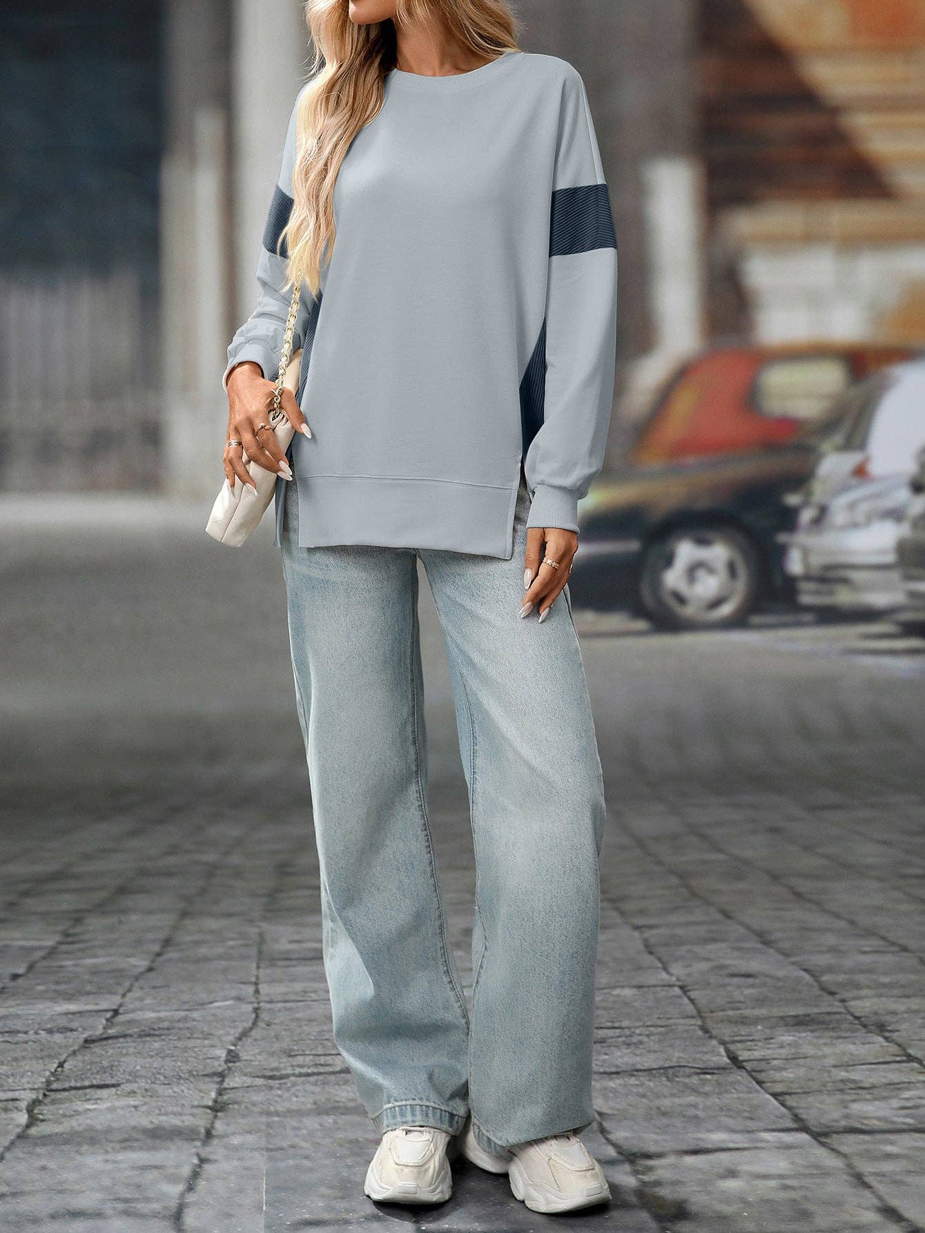 Suhkasana – wholesale Sweatshirt - Dam – Rosa färgblock rundhalsad löst sittande sweatshirt-topp9