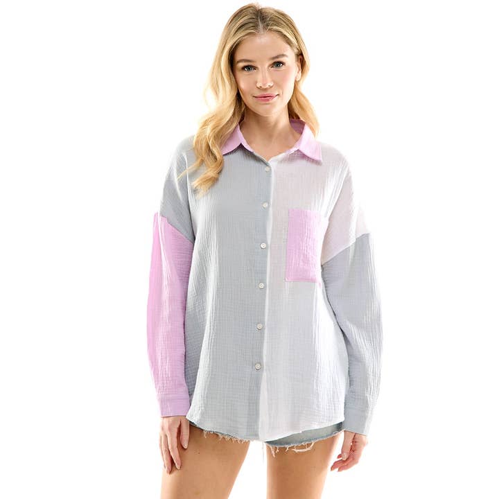 MULTI BUTTON DOWN TOP WITH POCKET for wholesale by Mapcie