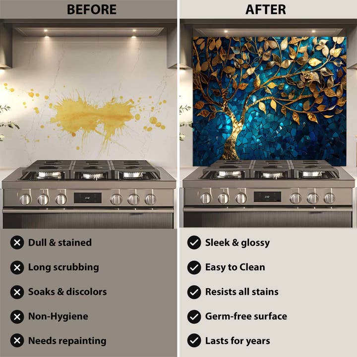 Glass Kitchen Backsplash - Wholesale Wall Accent - Custom Kitchen Backsplash – Golden Mosaic Look Tree Tempered Glass Backsplash4