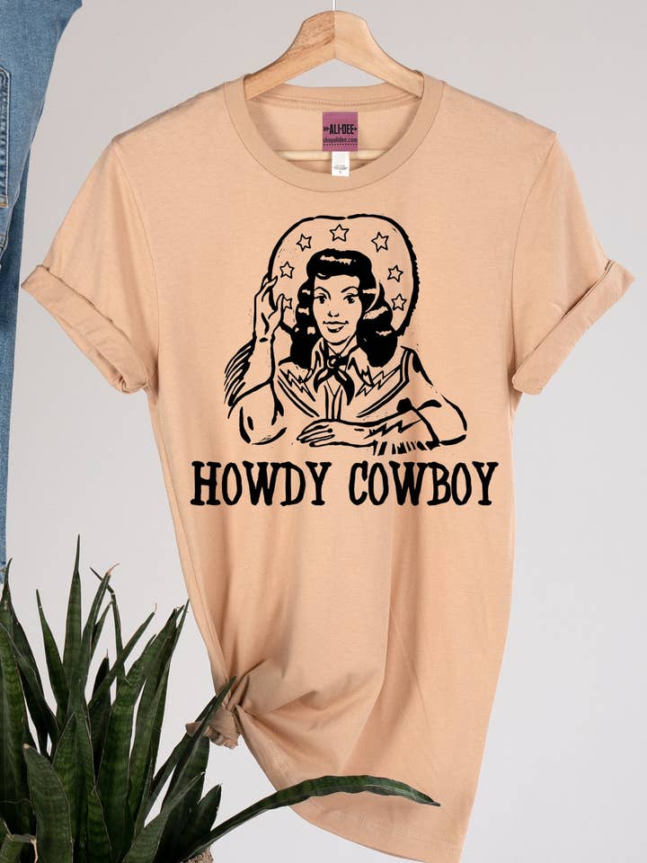 Howdy Cowboy Tee - Heather Sand Dune for wholesale by Ali Dee