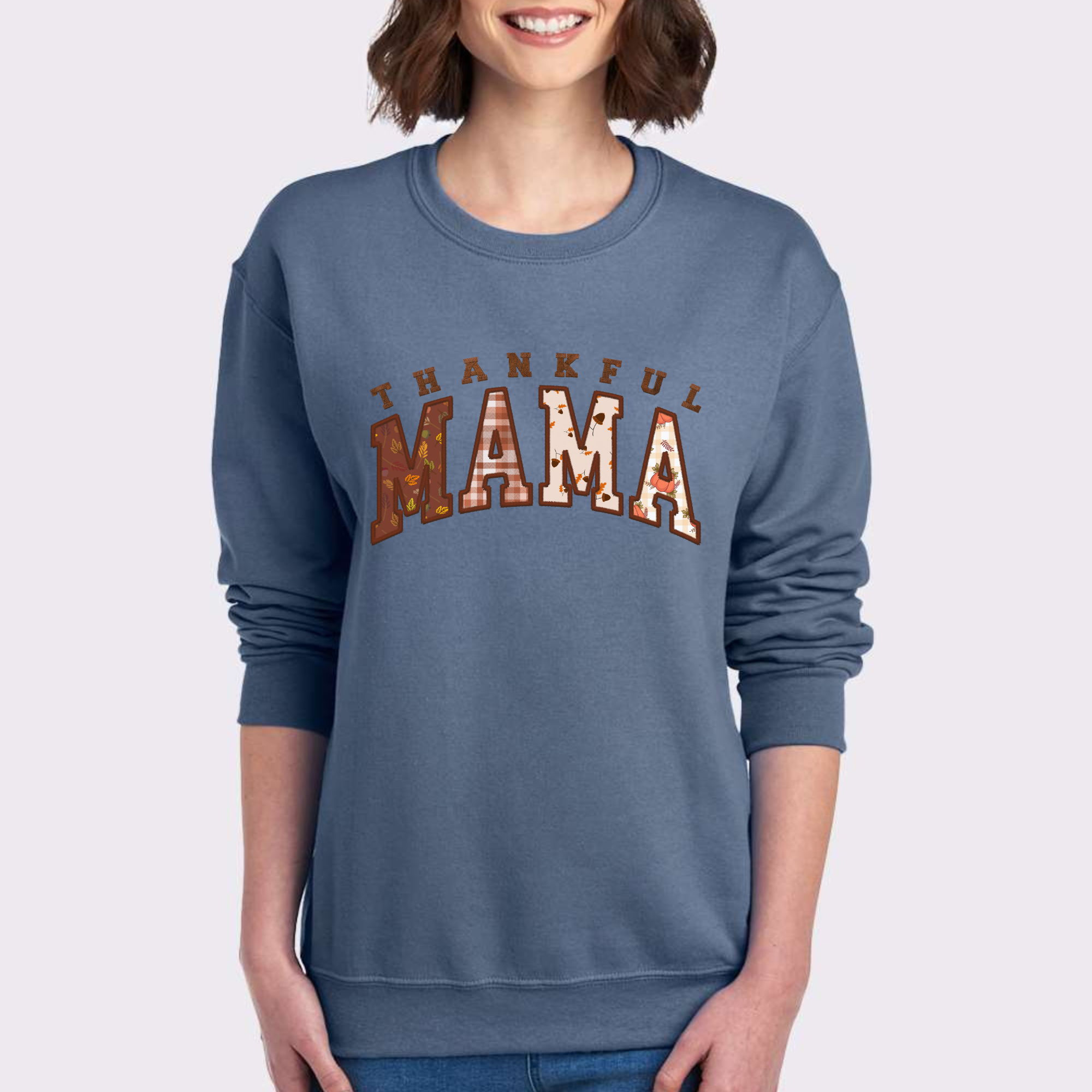 Scripted Pearl - Wholesale Sweatshirt - Women's - Thankful Mama Faux Embroidery Fall Crewneck Sweatshirt4
