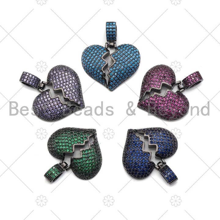 Cz Micro Pave broken Heart Pendant/Charm, Turqoise/Fuchsia/Cobalt/Green/Violet CZ Pave Charm , 21x23mm,sku#ML15 for wholesale by BestBeads&Beyond
