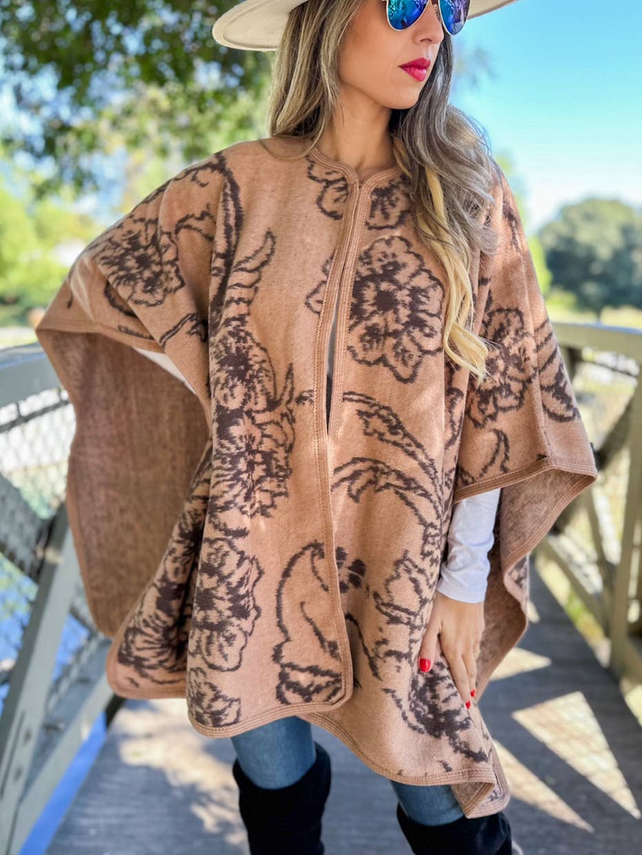 Camel Elegant Floral Print Cape Shawl Ruana Cardigan for wholesale on Faire4