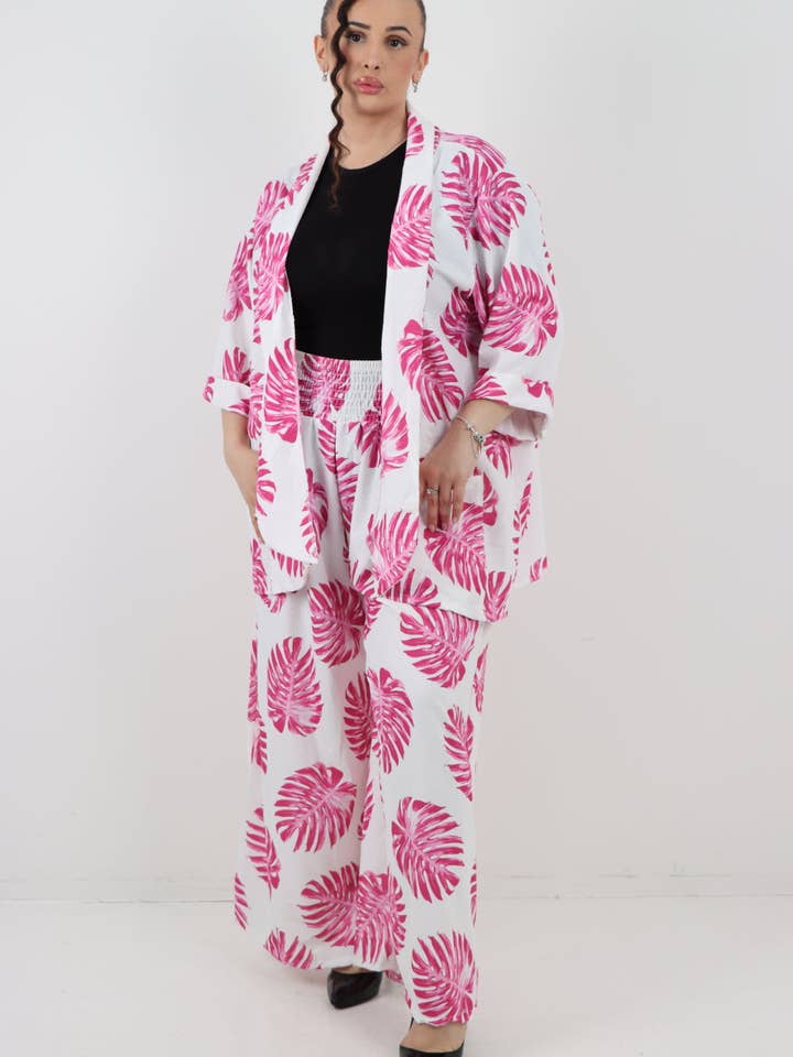 Italian Monstera Leaf Print Cardigan Top and Trouser Co-Ord Set for wholesale by Miss Bold