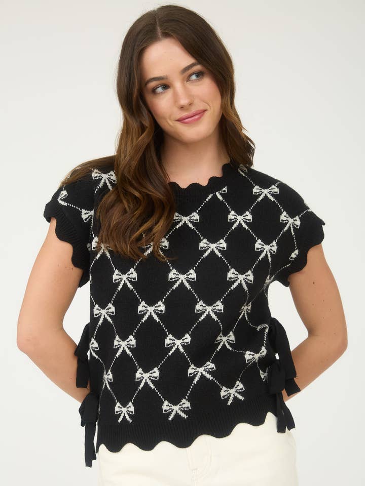 BOW PATTERN SHORT SLEEVE SIDE TIE KNIT PULLOVER for wholesale by Blu Pepper