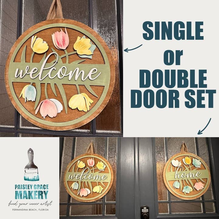 Welcome Or Welcome Home with Tulips Double Door Set 3D DOOR HANGER DESIGN P03595 for wholesale by Paisley Grace Makery