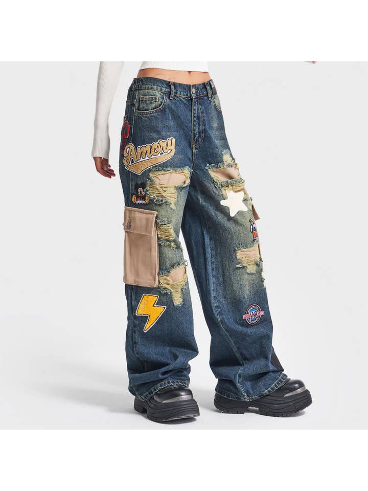 Mörkblå Lapptäcke vintage jeans med bred ben för kvinnor med låg midja för wholesale på Faire