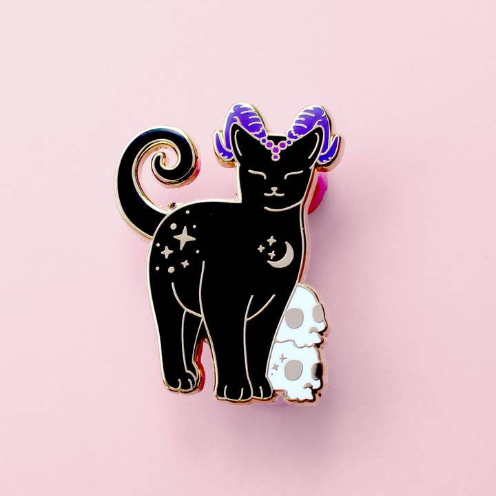 Glitter Punk - Wholesale Lapel Pin/Button - Halloween Horned Cat Enamel Pin; Gothic black cat with spook