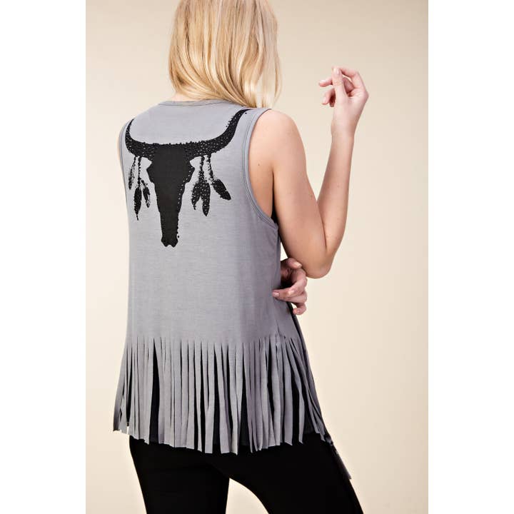 Vest with Fringe Bottom and Bull Prints for wholesale by VOCAL