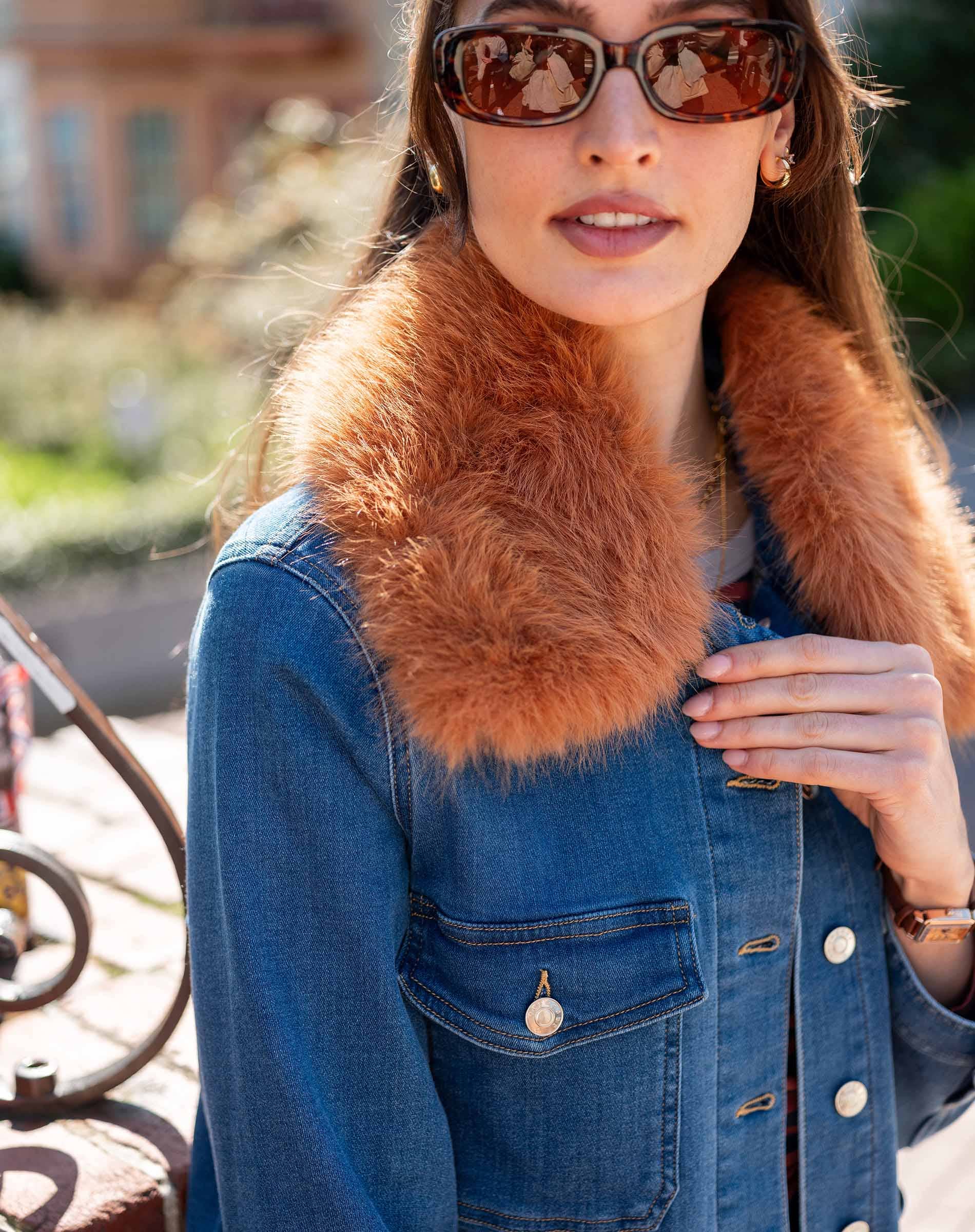 Camel Navy Cozy Cabin Faux Fur Collar for wholesale on Faire1