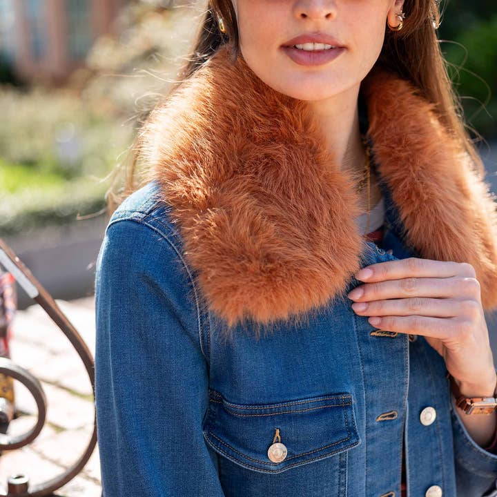 Camel Navy Cozy Cabin Faux Fur Collar for wholesale on Faire1