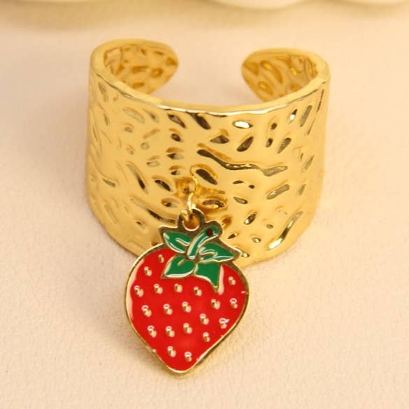 Red Elegant Adjustable Stainless Steel Strawberry Charm Ring for wholesale on Faire0