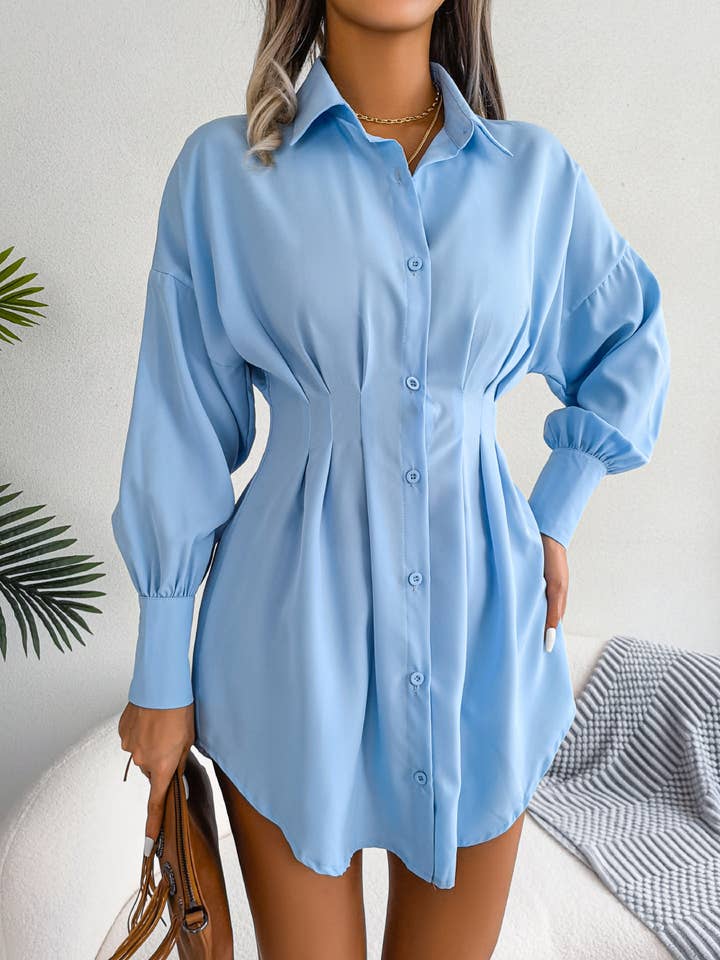 Anna Kaci Wholesale – wholesale Dress – Women's – Pleated-Waist Button-Front Shirt Dress6