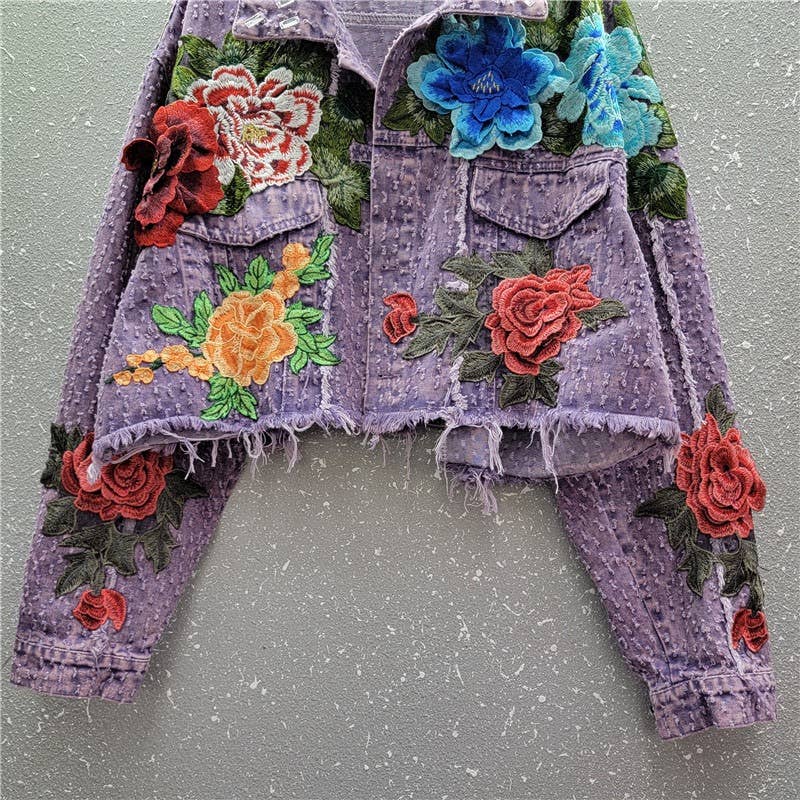 Purple JK061 3D Floral Edge Denim Jacket - Spring Fashion for wholesale on Faire3