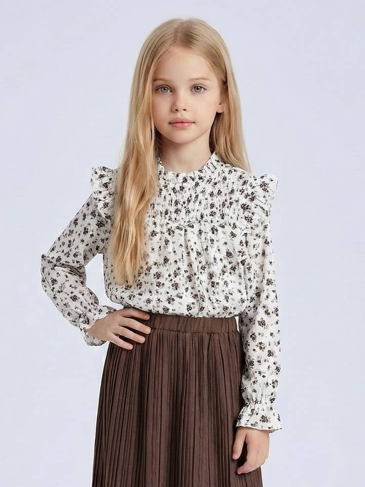 Floral ruffled top with long sleeves for wholesale by MINI MIGNON PARIS