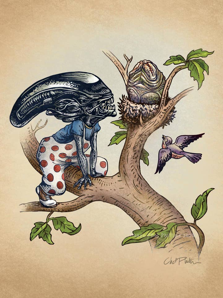 Little Xenomorph and Nest- 8" x 10" print for wholesale by ChetArt