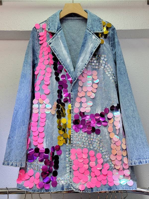 JK037 Artistic Sequin Denim Blazer - Spring Chic and other Purchase Wholesale sequin blazer. Free Returns & Net 60 Terms on Faire trending on Faire.