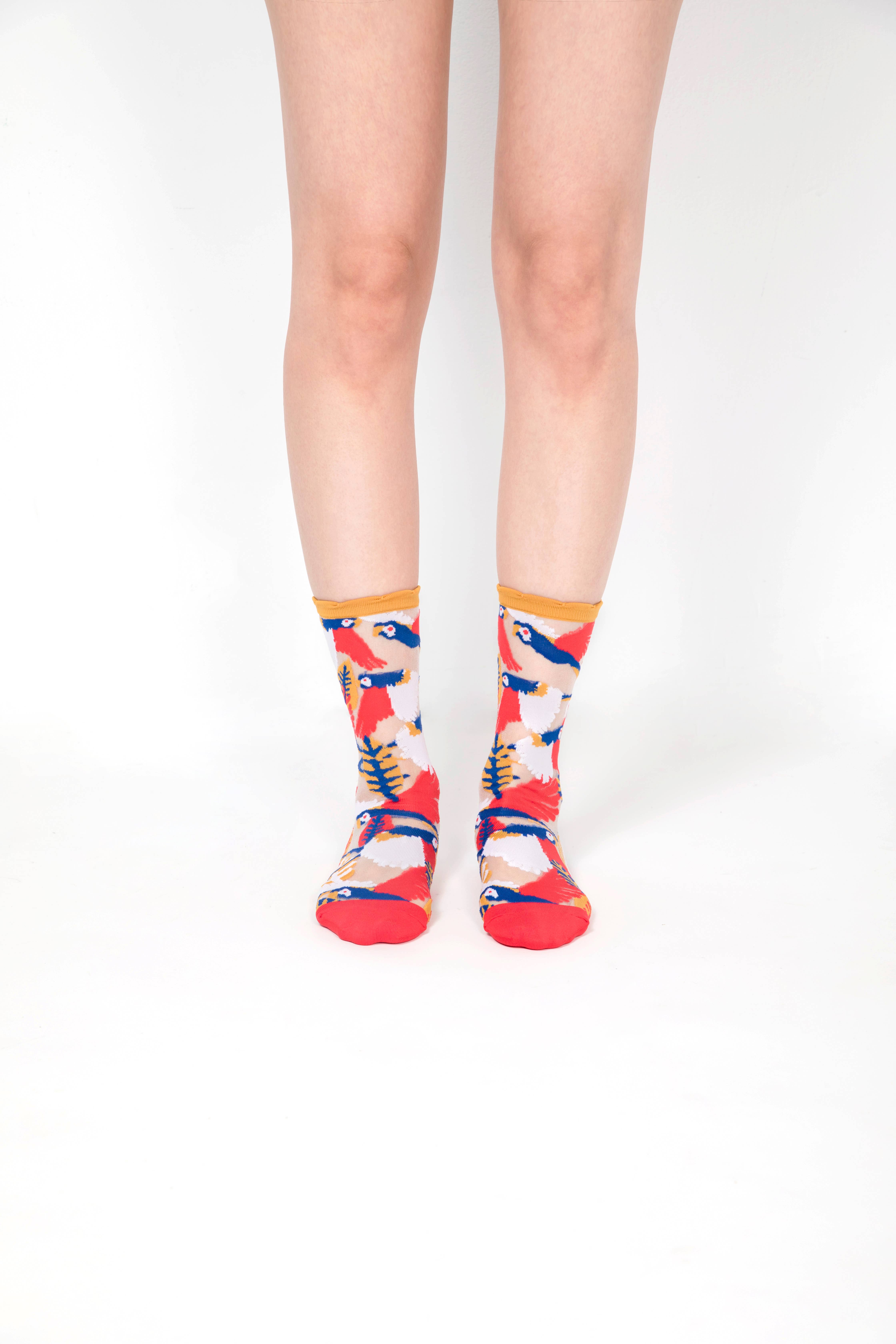 PAPERSELF - Wholesale Socks - Women's - Parrot Sheer Socks - Yellow Cuff3