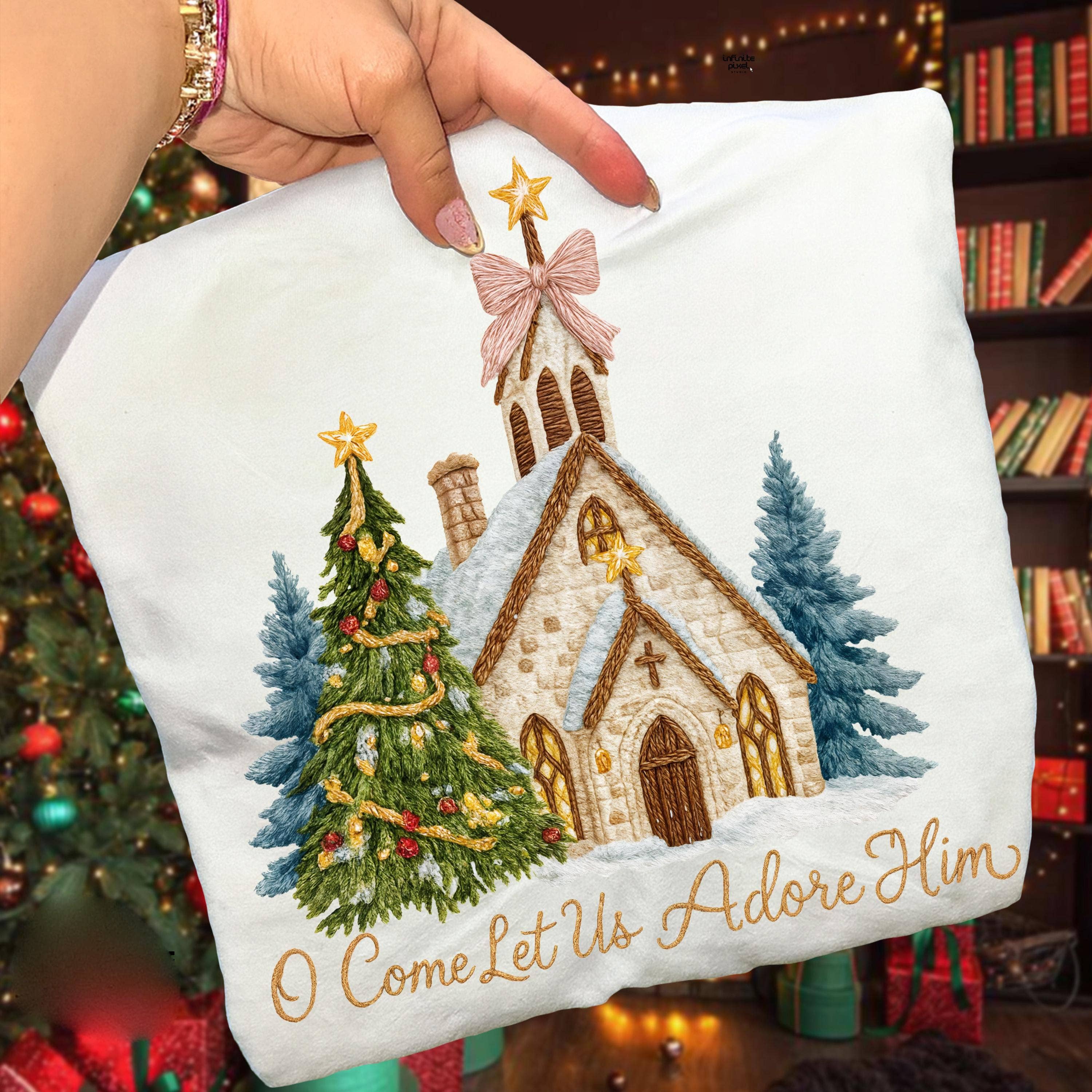 NVC Ecommerce LLC - Vendita all'ingrosso Maglietta stampata - Donna - Maglietta di Natale per la Chiesa, Felpa O Venite Adoriamolo2