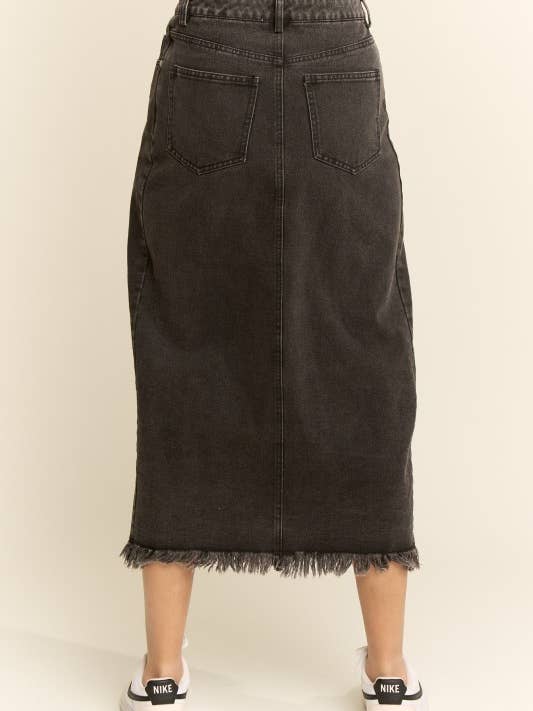 Black FRAYED WRAP DENIM MIDI SKIRT for wholesale on Faire4