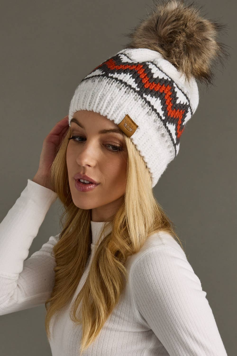 Panache Apparel Co. - Wholesale Beanie - Women's - White, Red & Gray Patterned Pom Hat1