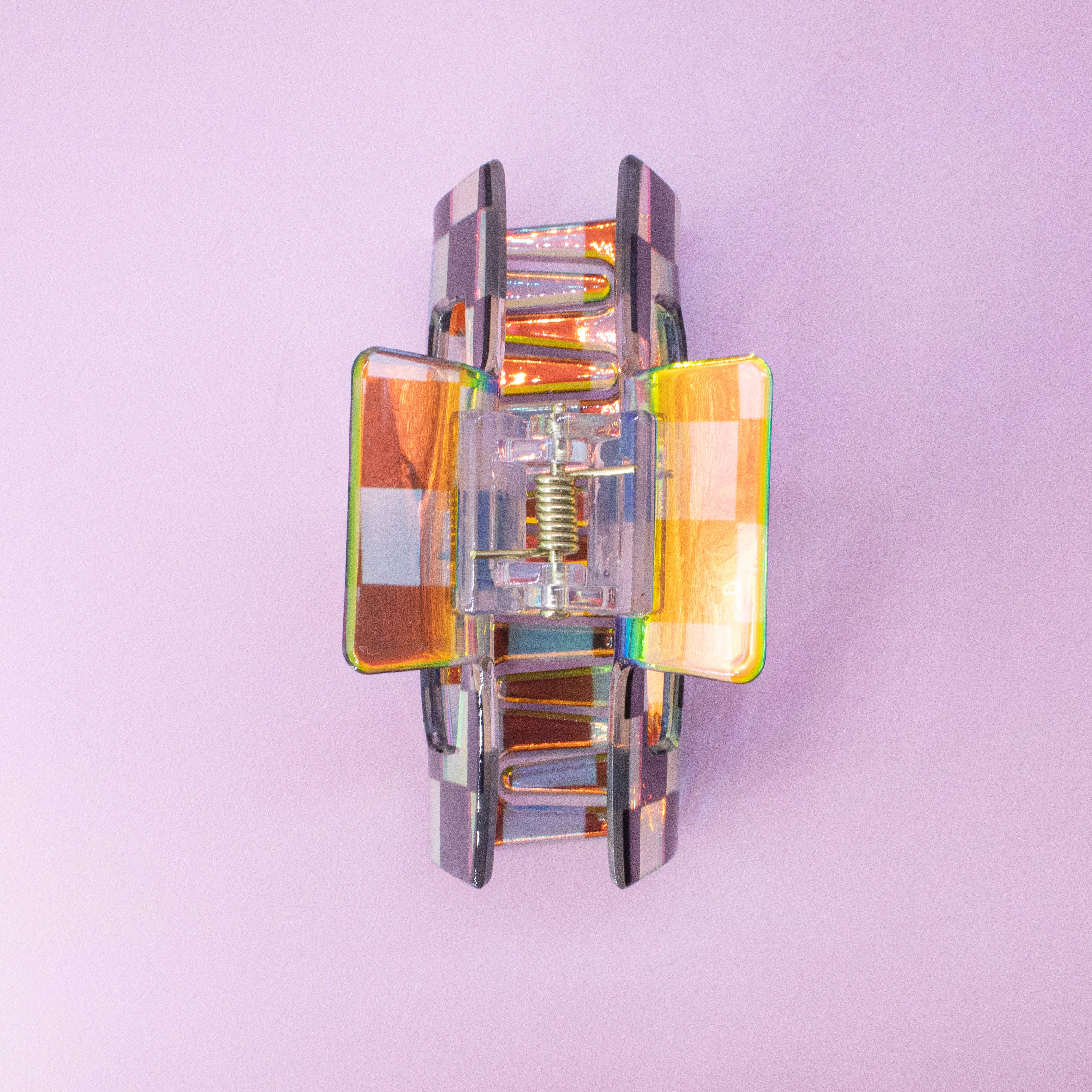 Frog Sac - Wholesale Hair Clip - Women's - Medium Square Iridescent Checkered Hair Claw Clip8