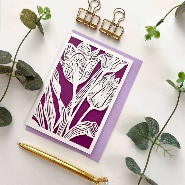 Lilac tulip card, Birthday card for flower lover, Tulip card for wholesale by Chow's Stories
