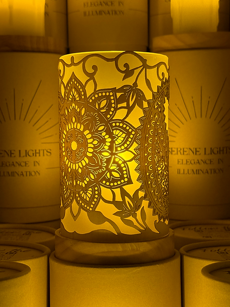 Serene Lights - Wholesale Decorative Tabletop Object - Mandala, Decorative Candle Holder – Laser Etched, Handmade Wood Veneer, Rechargeable LED Candle6