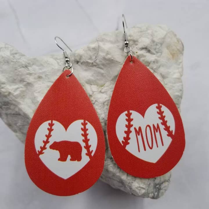 Mother's Day Baseball Heart Earrings - Mom Mama Bear for wholesale by The Pretty Jewellery