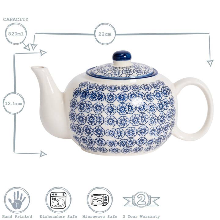 Rinkit Pty Ltd - Wholesale Tea Pot - Nicola Spring Hand-Printed Teapot - 820ml - Navy