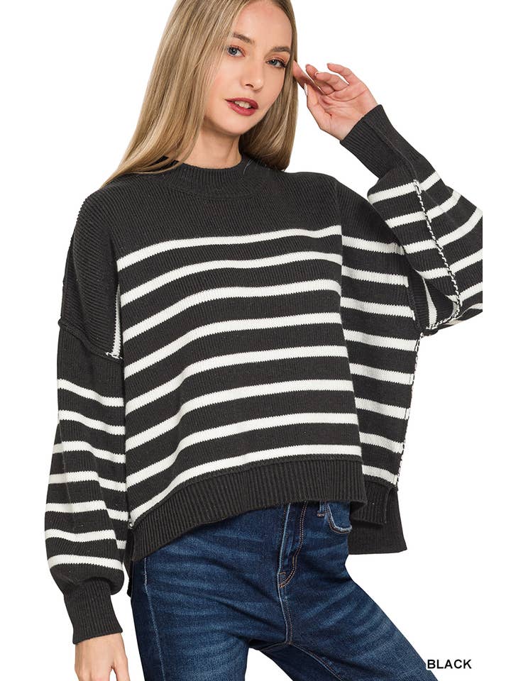 42POPS - Wholesale Knit Sweater - Women's - ',,...Exposed Seam Striped Oversized Sweater SI-28222