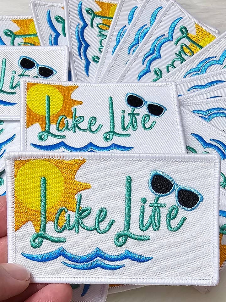 'Lake Life' Sunshine Water and Sunglasses Embroidery Iron On Patch for wholesale by Scratch Decor
