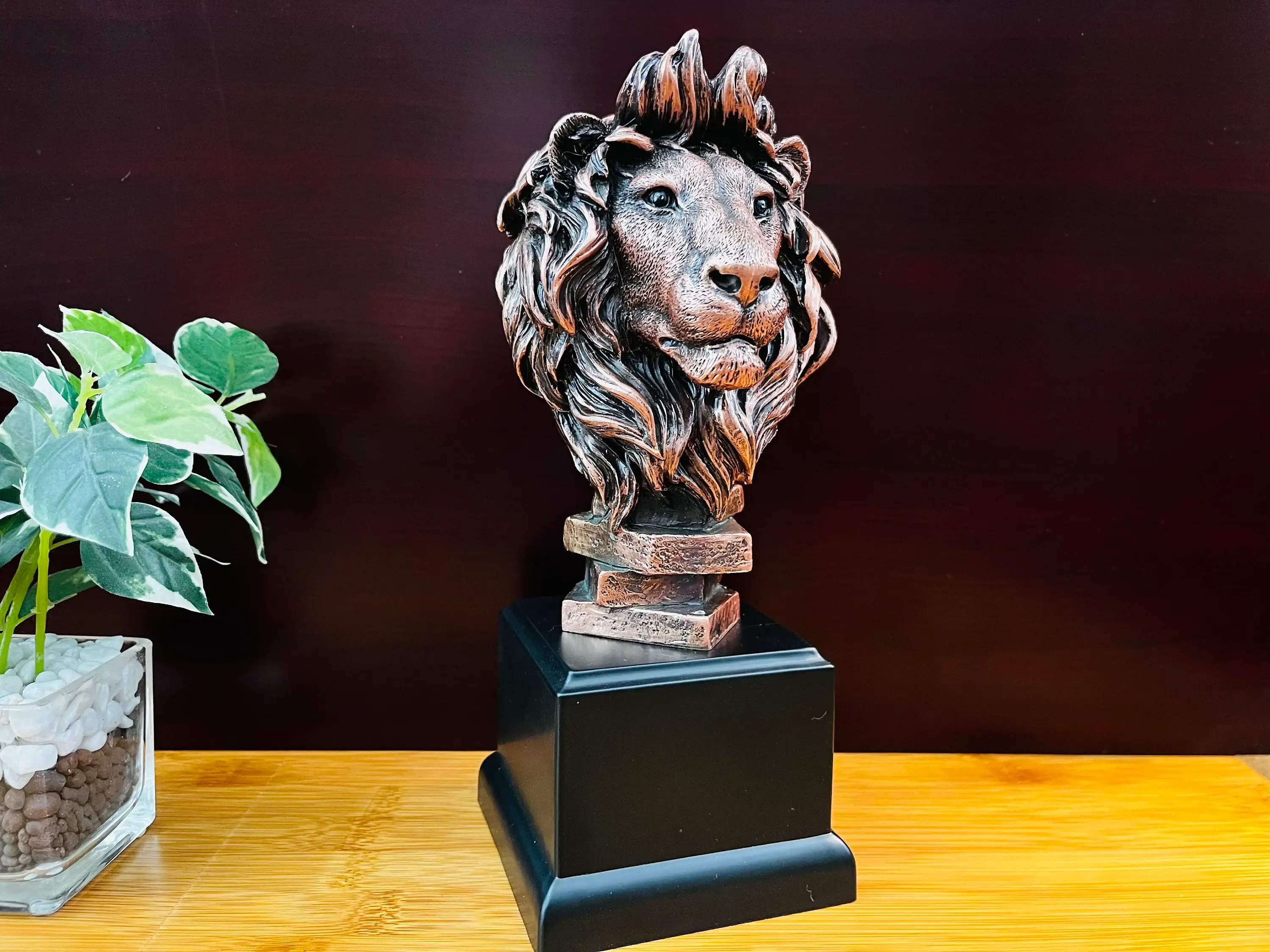 KSR Designs - Wholesale Sculpture - Bronze Finish Lion Head Sculpture on Base, 9"H x 3.50"W3