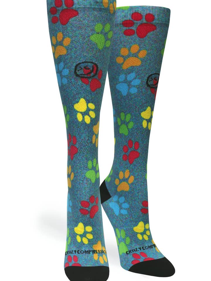 Meias de compressão 360 Paw Prints Station Blue OTC (Standard e Extra Largas) por atacado de Crazy Compression