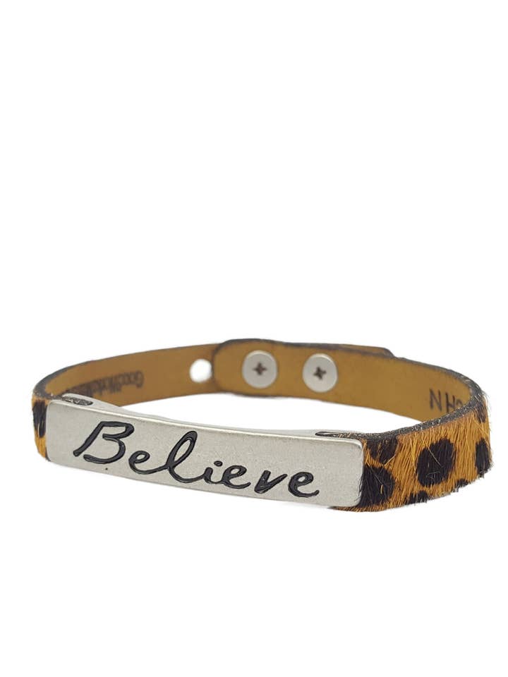 Hair Leather Cuff with Inspired Word Plaque -Leopard for wholesale by Axesoria West