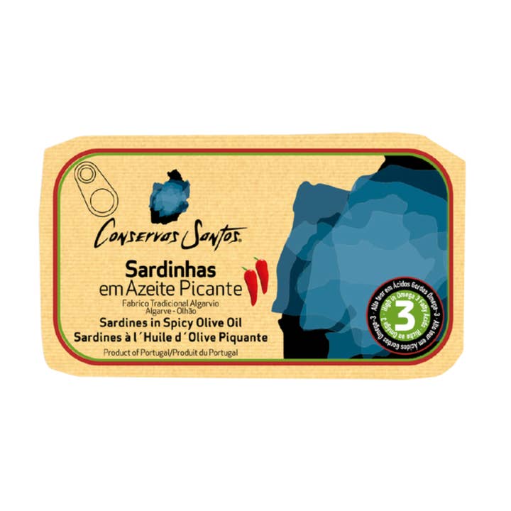 Sardines portugaises à l'huile d'olive épicée de Conservas Santos pour la vente par Portugalia Imports
