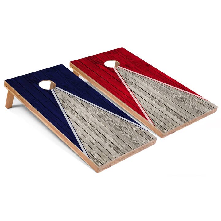 Ensemble de jeu de cornhole toutes saisons bleu marine et rouge avec pyramide pour la vente par Skip's Garage