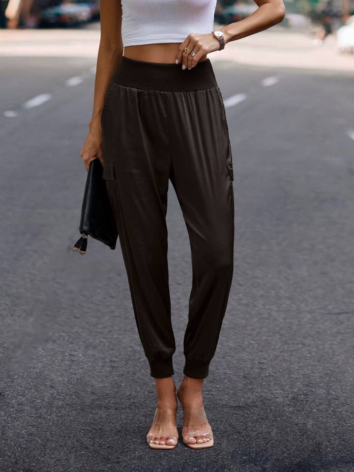 eLook - Wholesale Lounge Sweatpants/Joggers - Women's - SZ1-P0012 Satin Cargo Jogger with Ribbed Waist13