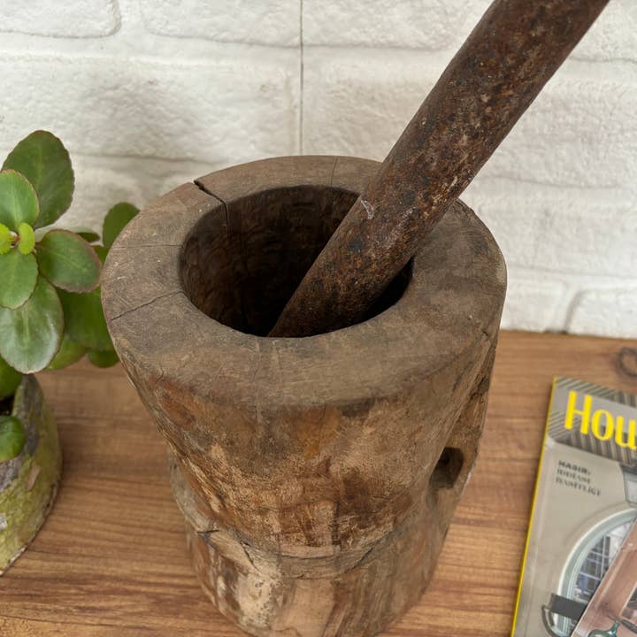 Rustic Remnents - Wholesale Mortar & Pestle - Antique Wood Mortar and Pestle, Large Heavy Solid Mortar
