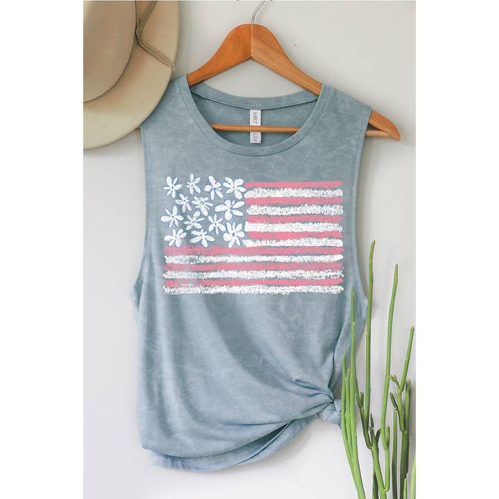 HRTandLUV - Wholesale Tank Top - Women's - AMERICAN FLAG MINERAL GRAPHIC TANK TOP