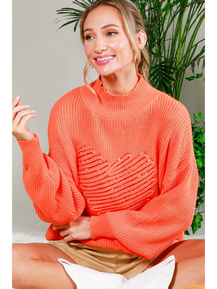 Vine & Love - Wholesale Knit Sweater - Women's - Hearted Embroidered Sequin Detail Knitted Sweater TopVT81860