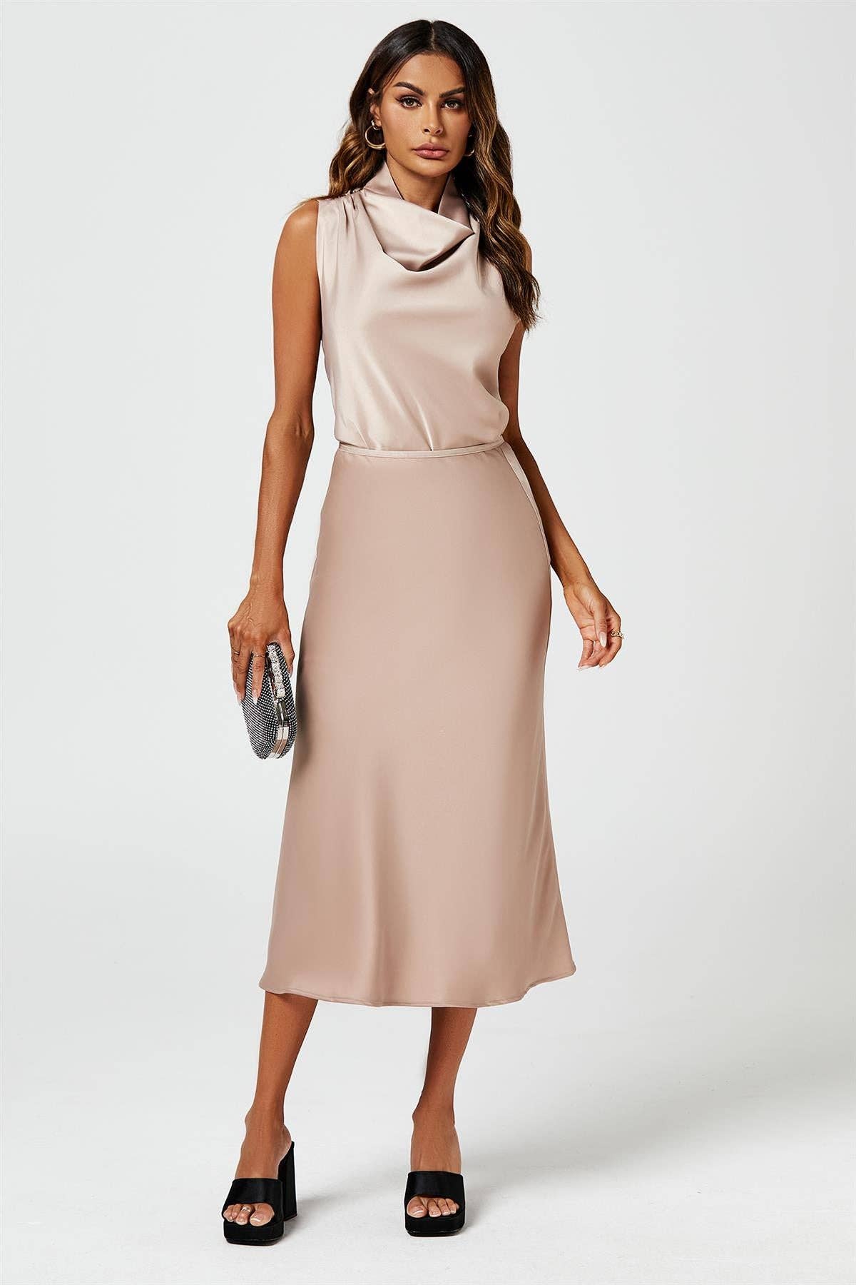 Satin Midi Skirt In Light Brown for wholesale on Faire3