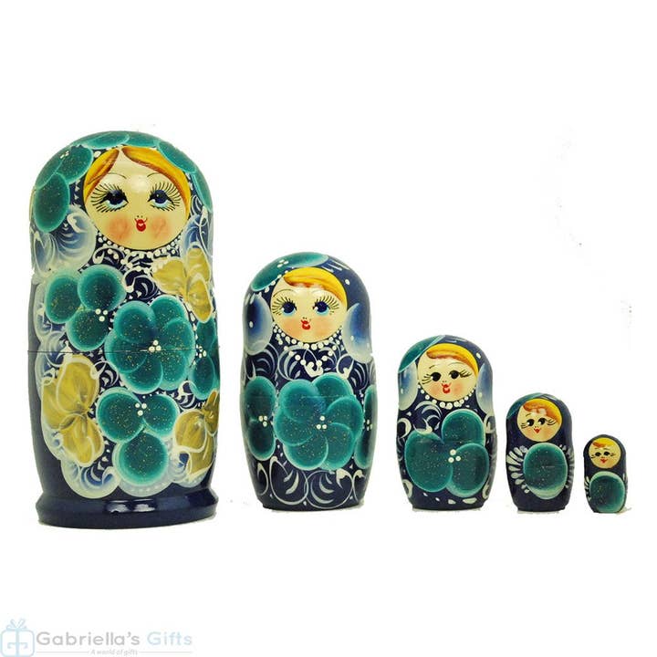 GSZ corporation DBA Gabriella's Gifts - Vente Poupée – enfant - Ensemble de poupées de nidification florales Bleu, 5 Pcs/15,2 cm1